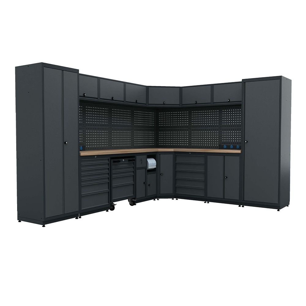 Modulárny kovový nábytok do dielne, zostava s pracovným stolom 3,23m x 2,61m model 4