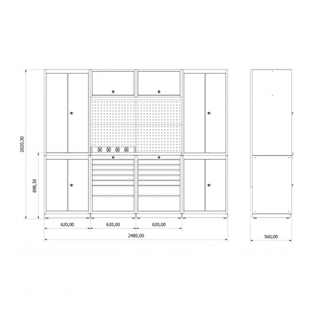 Modulárny nábytok do dielne, zostava s pracovným stolom 2,48m model C