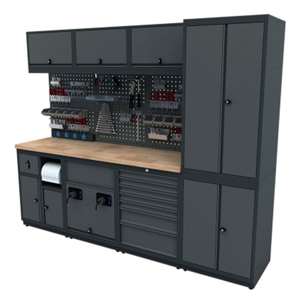 Modulárny nábytok do dielne, zostava s pracovným stolom 2,48m model D