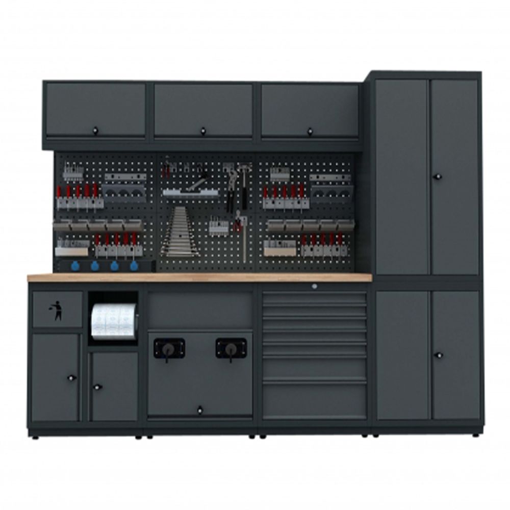 Modulárny nábytok do dielne, zostava s pracovným stolom 2,48m model D