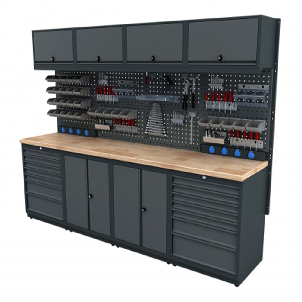 Modulárny nábytok do dielne, zostava s pracovným stolom 2,53m model E