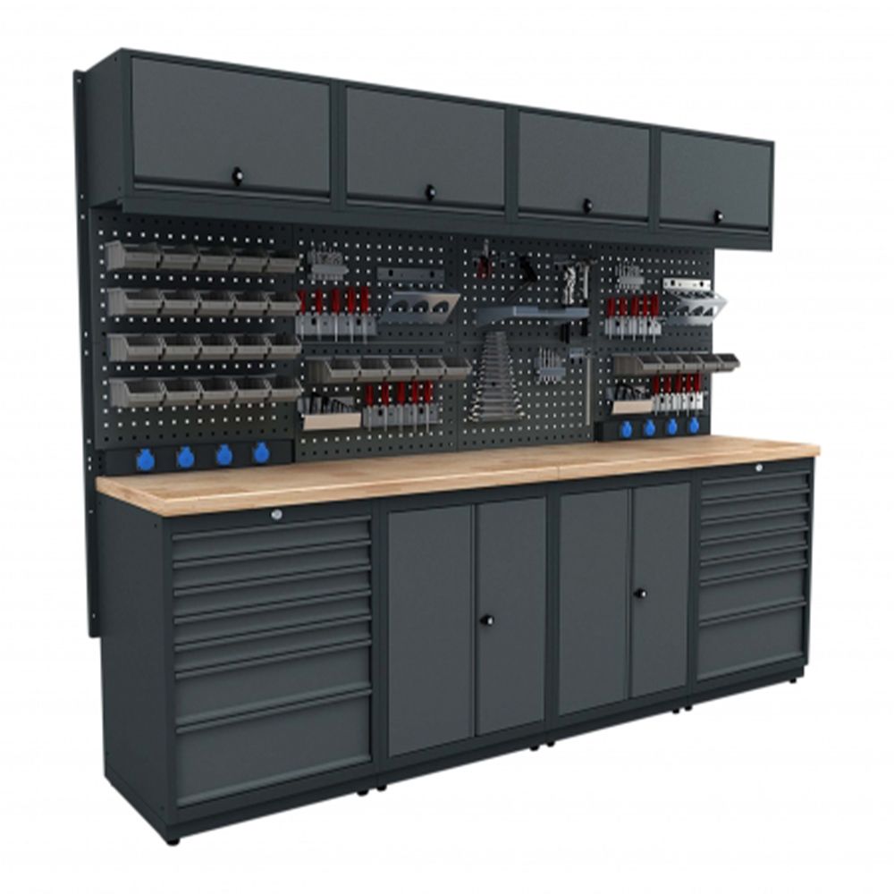 Modulárny nábytok do dielne, zostava s pracovným stolom 2,53m model E