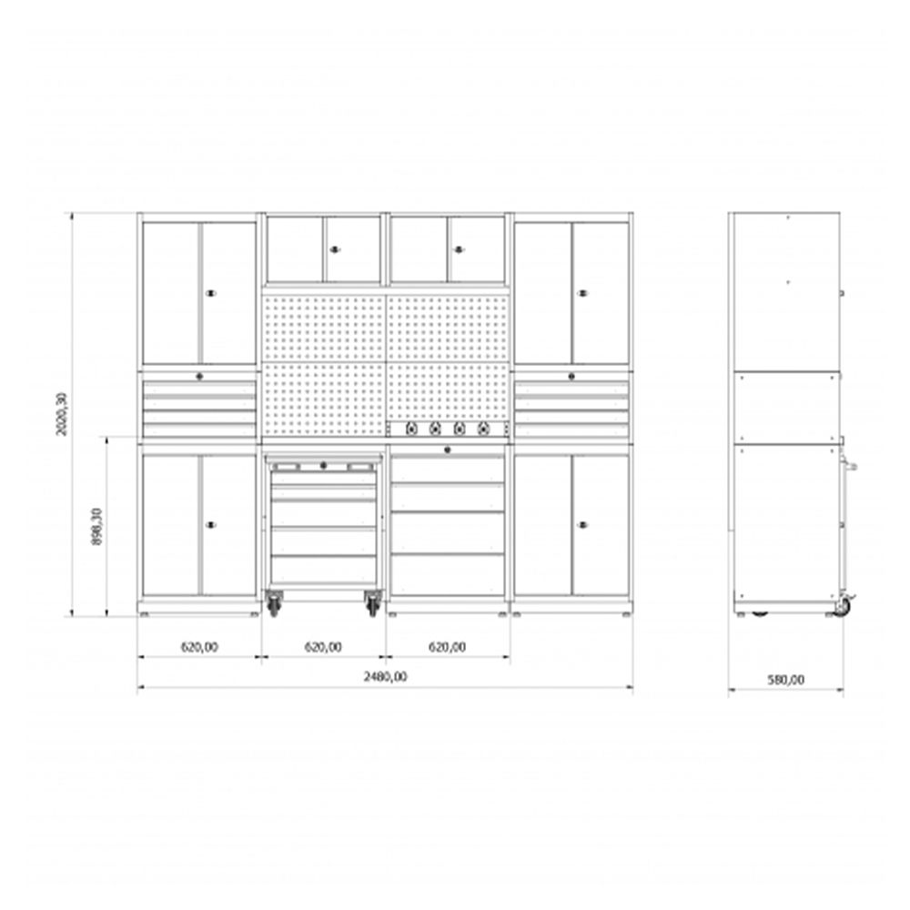 Modulárny nábytok do dielne, zostava s pracovným stolom 2,48 m model F