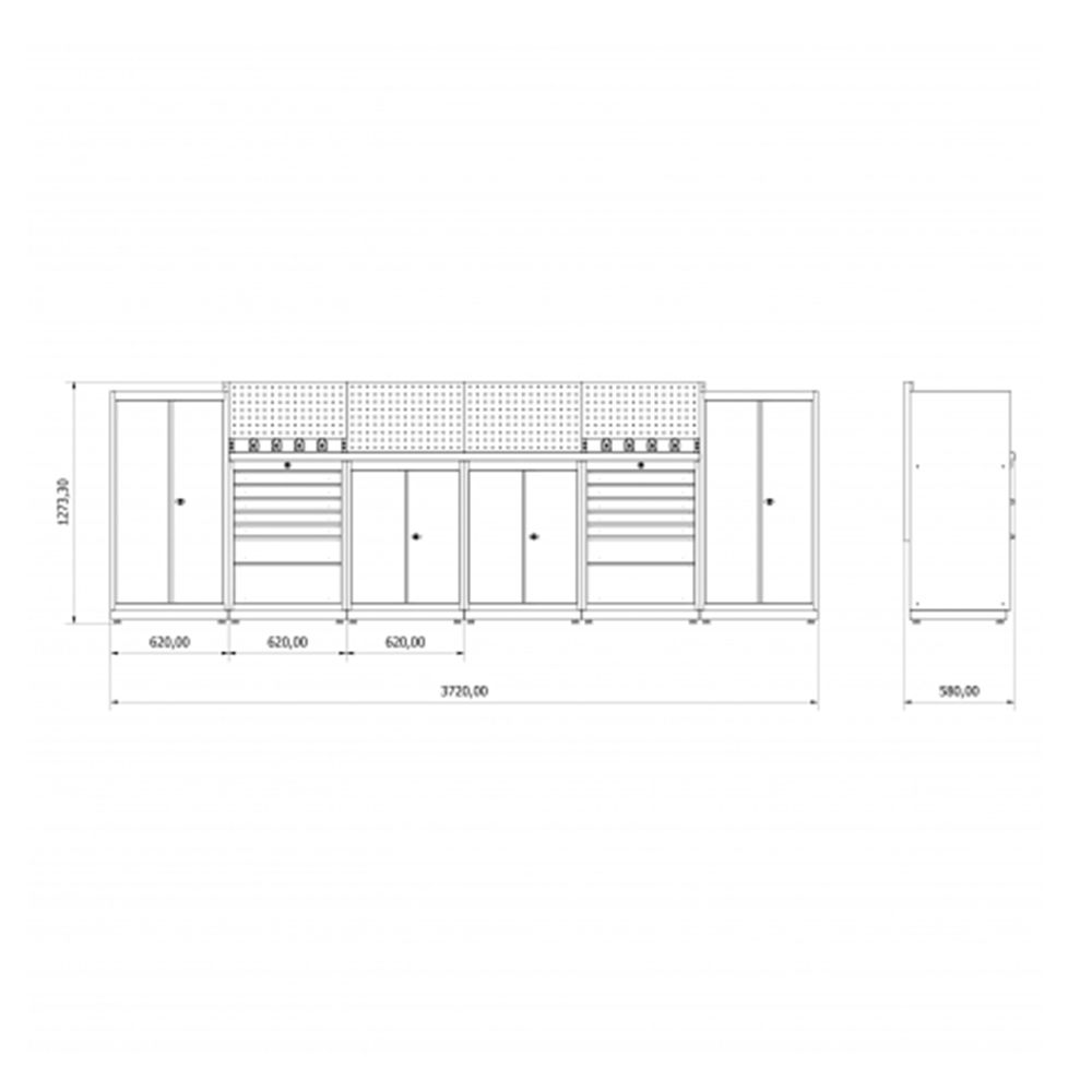 Modulárny nábytok do dielne, zostava s pracovným stolom 3,72m model H