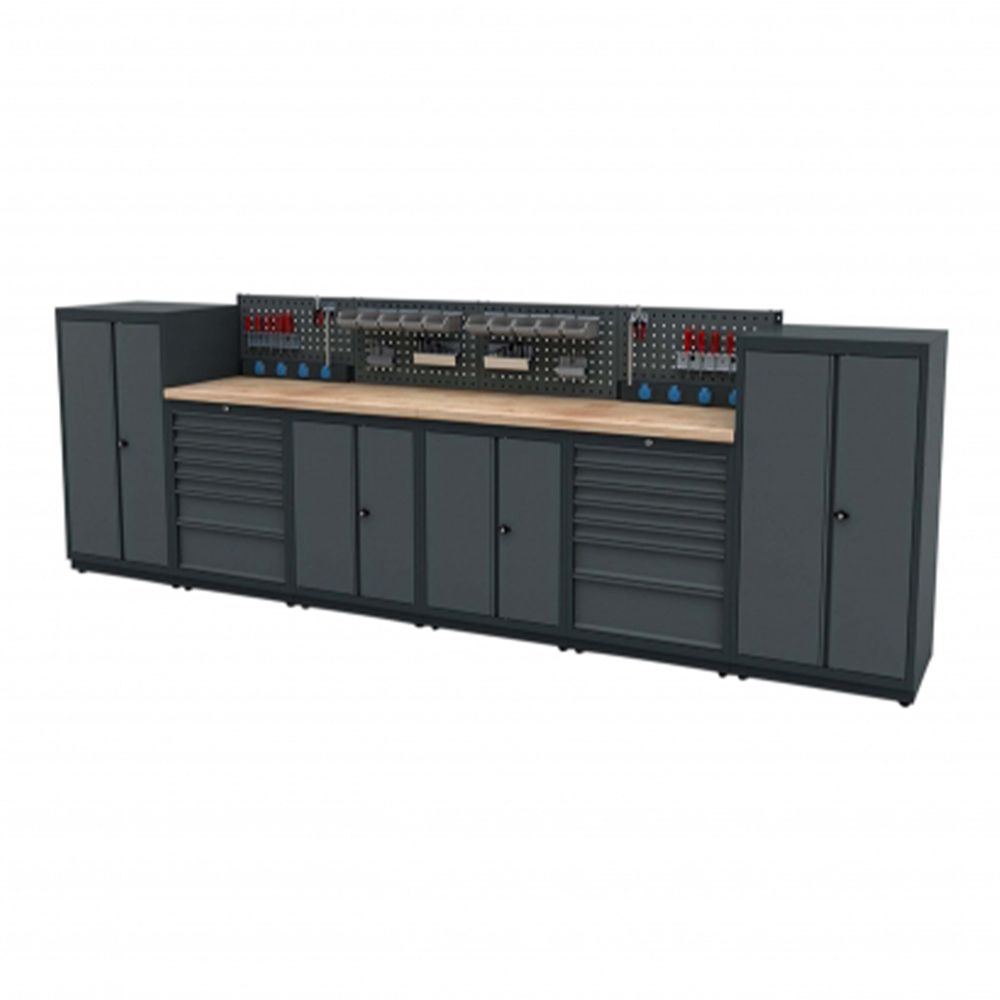 Modulárny nábytok do dielne, zostava s pracovným stolom 3,72m model H