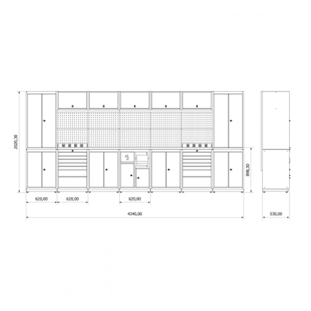 Modulárny nábytok do dielne, zostava s pracovným stolom 4,34m model I