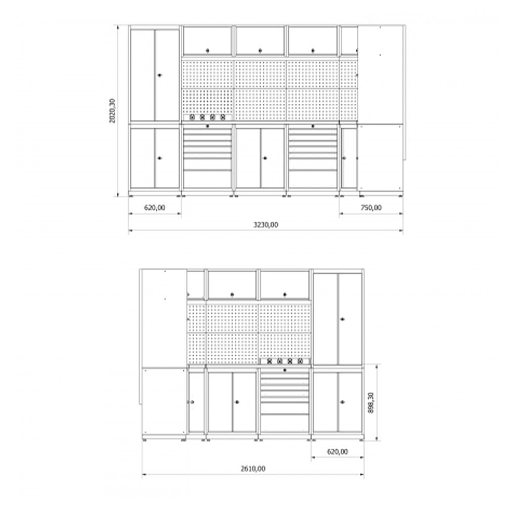 Rohová modulárna zostava dielenského nábytku, kovová, model J