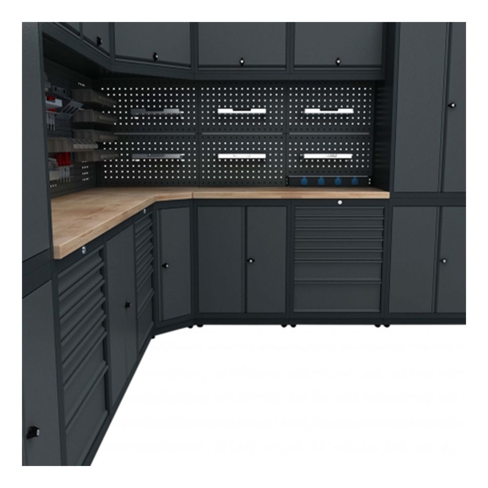 Rohová modulárna zostava dielenského nábytku, kovová, model J