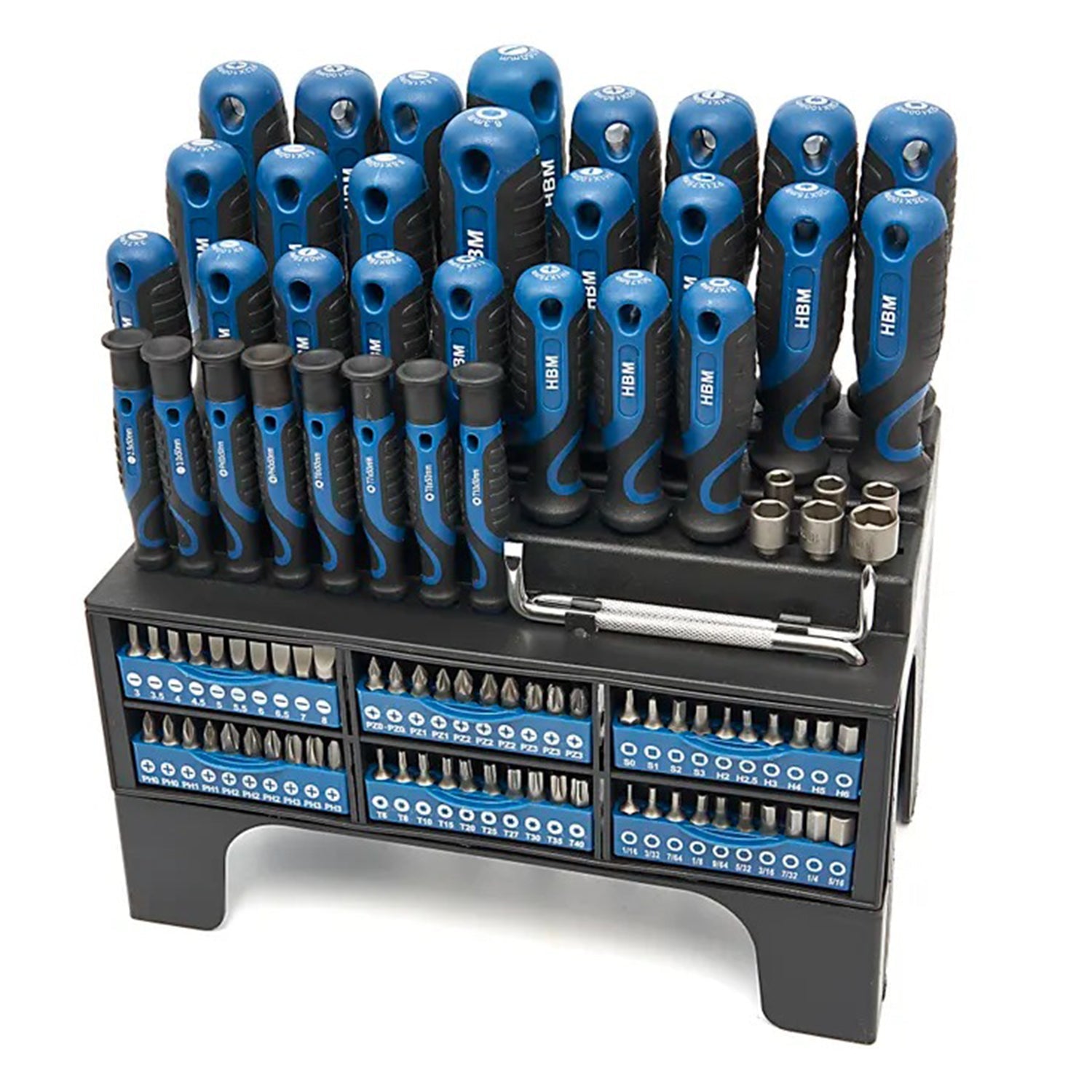 Sada náradia 100 kusov: skrutkovače, bity, nástrčné kľúče, stojanový držiak, oceľ Cr-V, soft grip rukoväť, HBM Holandsko