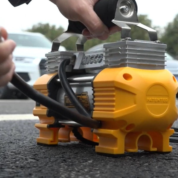 Prenosný elektrický auto kompresor, dvojvalcový, napájanie 12V Ingco