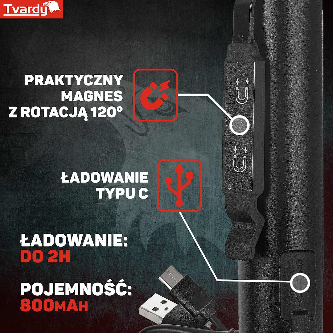 Dielenská pracovná LED COB lampa s laserom, UV svetlom a magnetom, nabíjateľná, 5W, 800mAh, 400lm