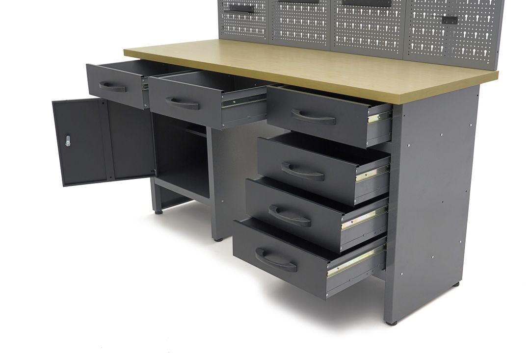 Dielenský pracovný stôl so 6 zásuvkami, panelom na náradie a skrinkami, 160cm, HBM