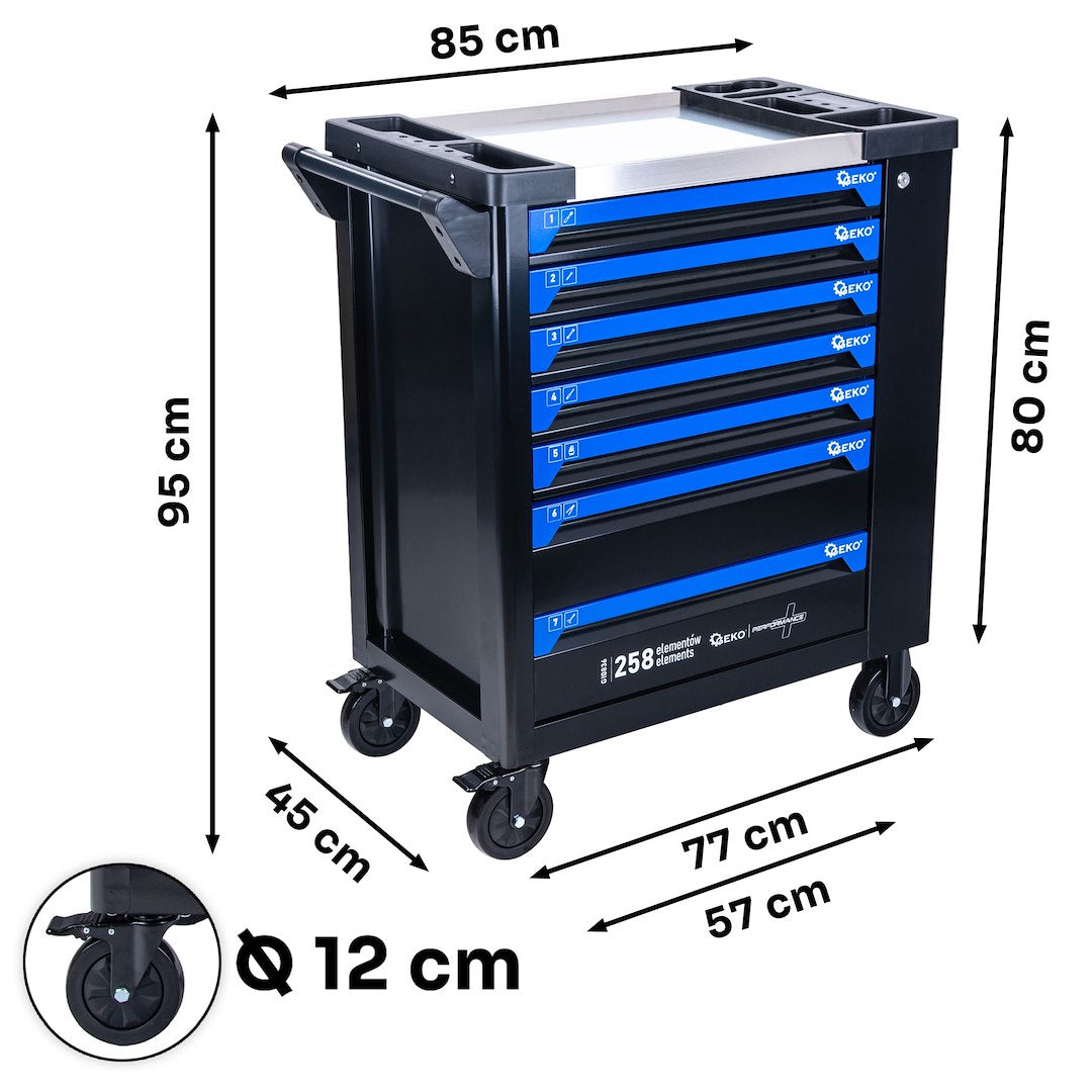Dielenský vozík s náradím, 7 zásuviek, 258ks, 7 vložiek carbon, Geko