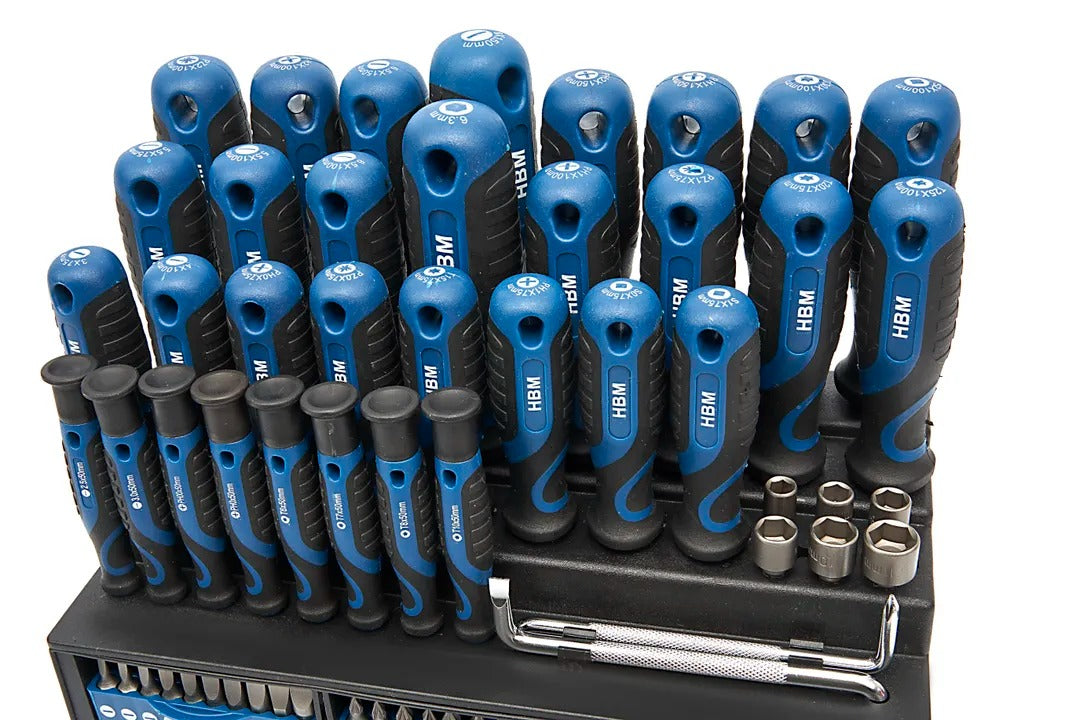 Sada náradia 100 kusov: skrutkovače, bity, nástrčné kľúče, stojanový držiak, oceľ Cr-V, soft grip rukoväť, HBM Holandsko