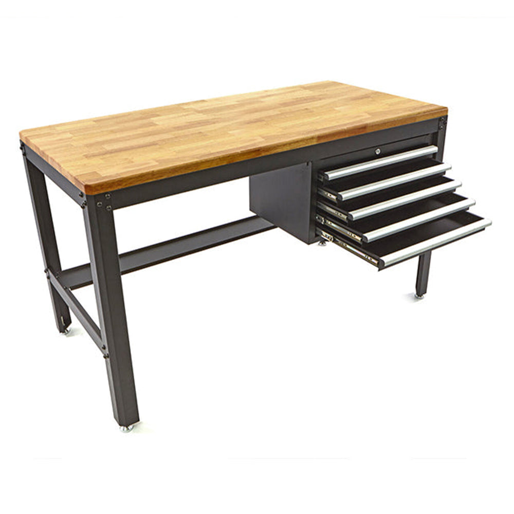 Profesionálny kovový pracovný stôl s 5 zásuvkami a drevenou pracovnou doskou, 155cm