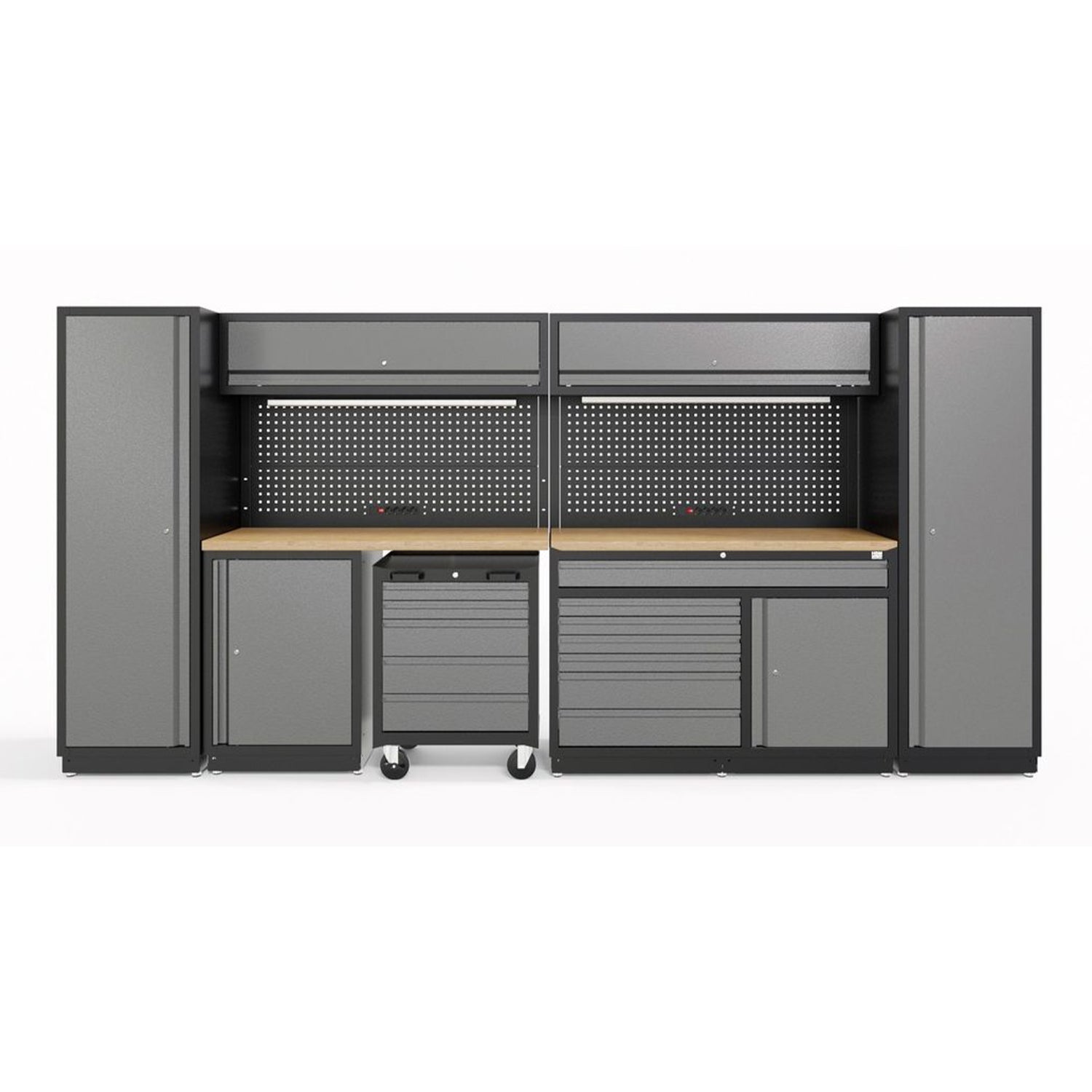 Zostava dielenského nábytku 420 cm, 13 dielov s LED osvetlením a masívnou drevenou pracovnou doskou – HBM Holandsko