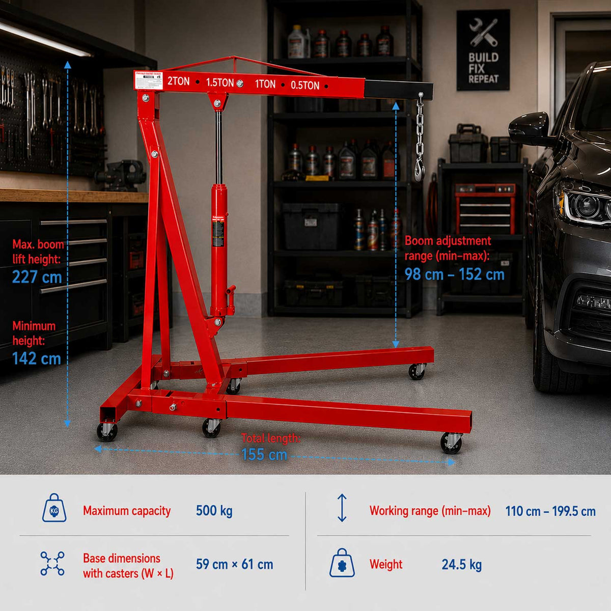 Dielenský hydraulický žeriav - žirafa 2t, skladací, Gebo Tools