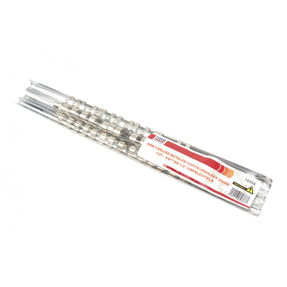 Sada 3 kovových líšt na uchytenie nástrčných kľúčov 1/2, 3/8, 1/4 hbm