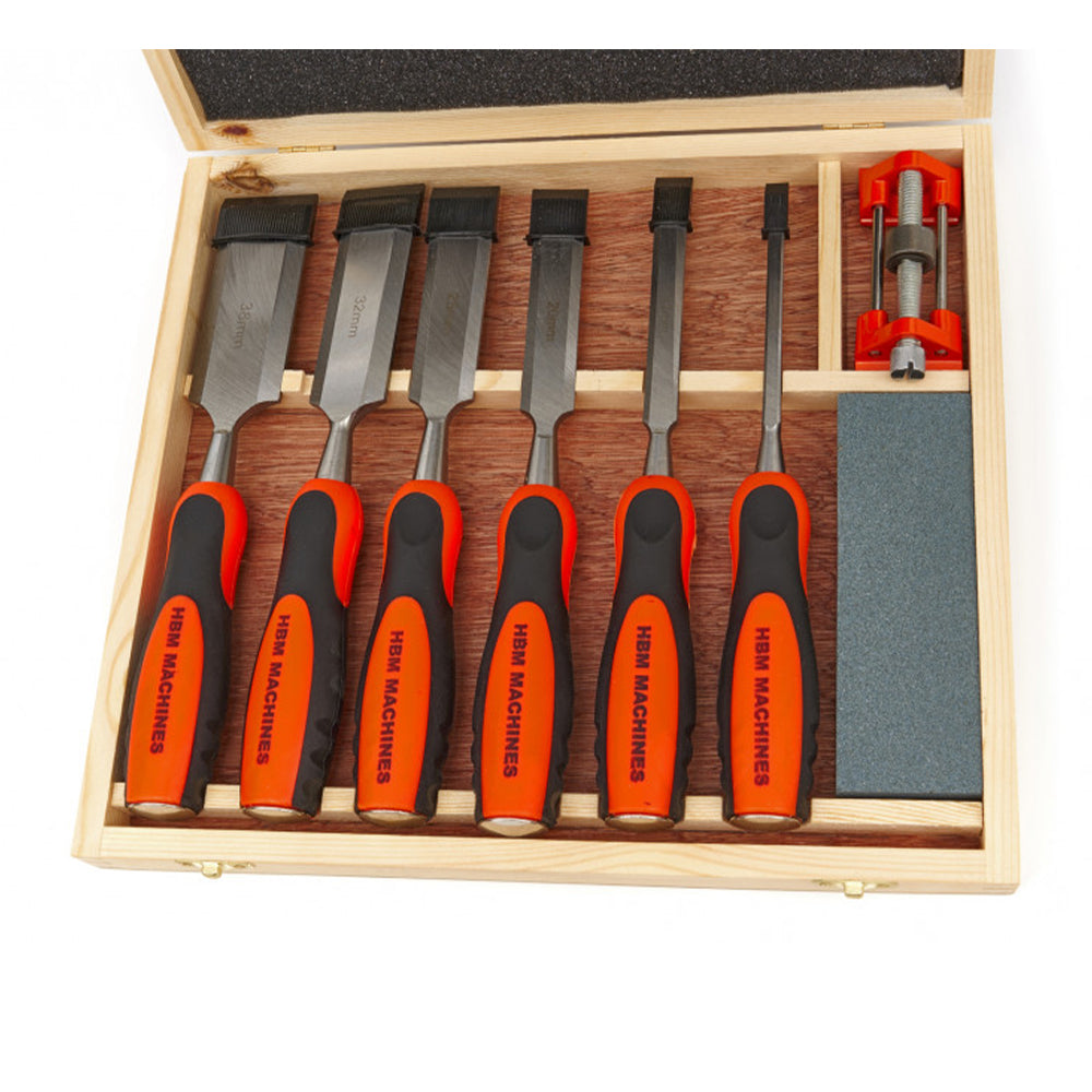 Sada 8 profesionálnych sekáčov do dreva s brúsnym kameňom a prípravkom na brúsenie