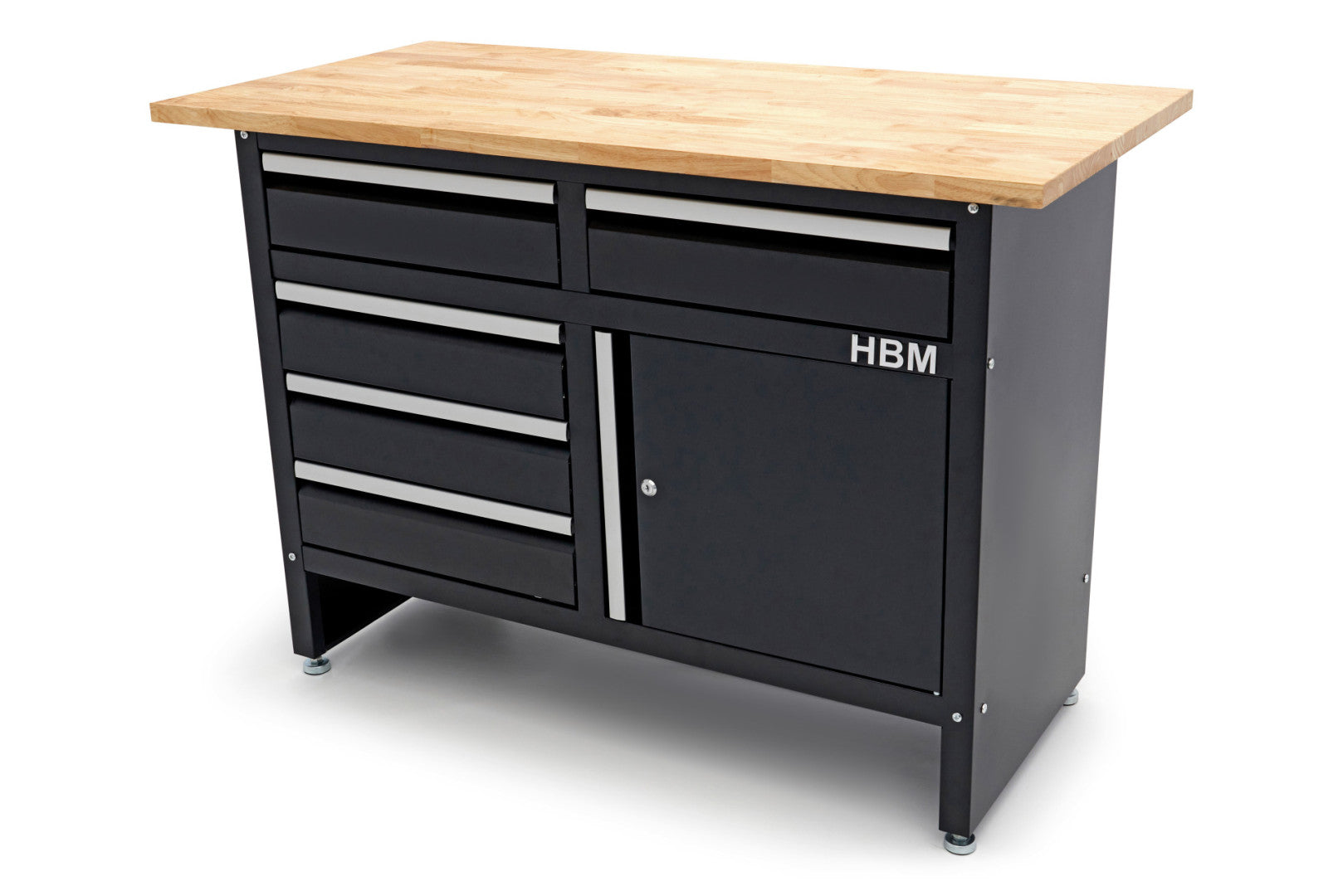 Dielenský pracovný stôl s drevenou doskou 120cm, s 5 zásuvkami, 1 dvierkami HBM