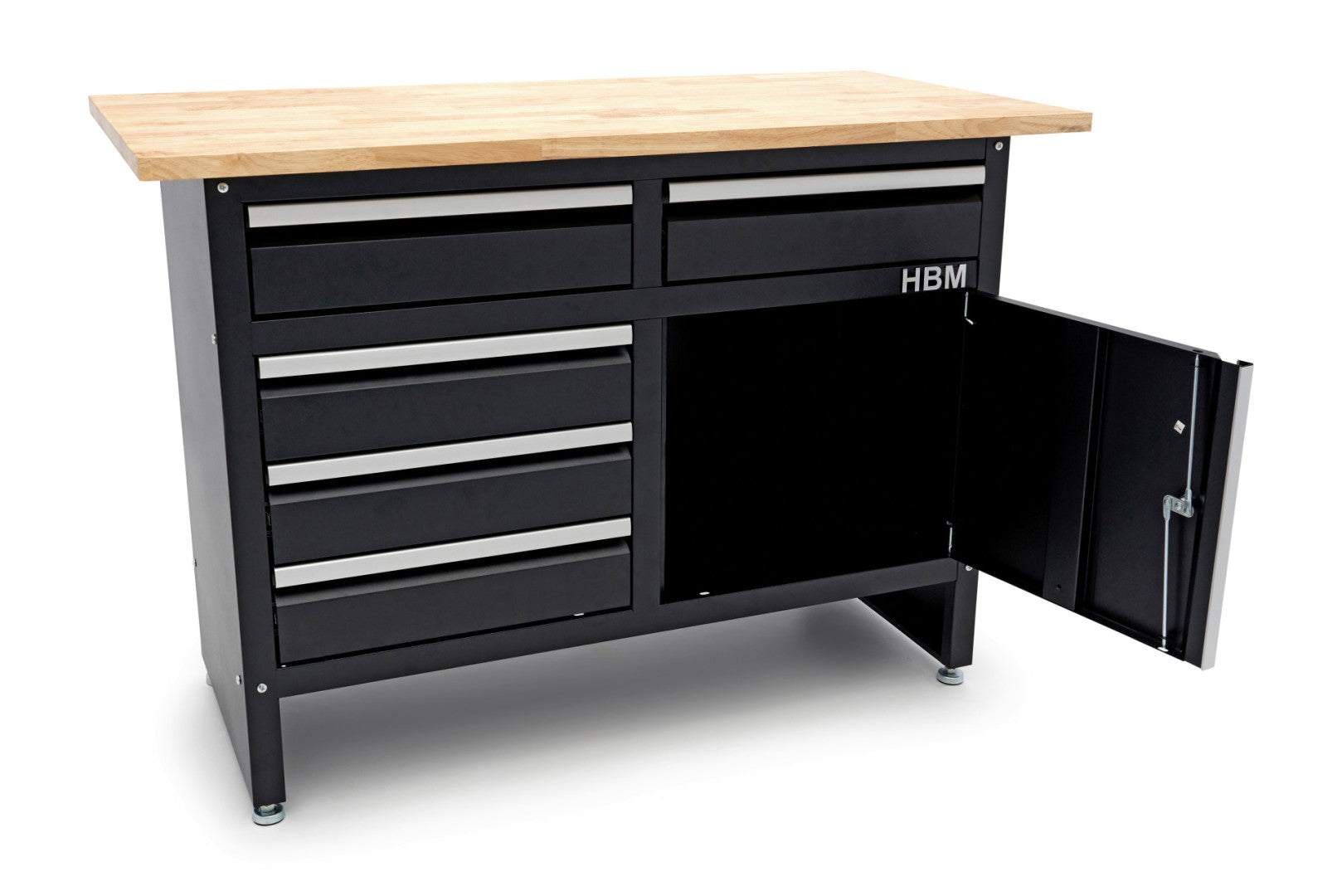 Dielenský pracovný stôl s drevenou doskou 120cm, s 5 zásuvkami, 1 dvierkami HBM