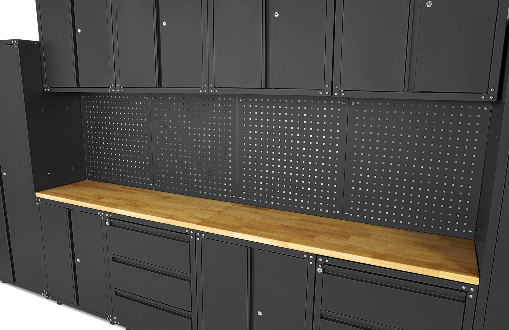 Modulárny kovový nábytok do dielne, prémiová zostava s pracovným stolom 236,5 x 402 x 48,2cm, matná čierna, 16 dielov HBM Machines