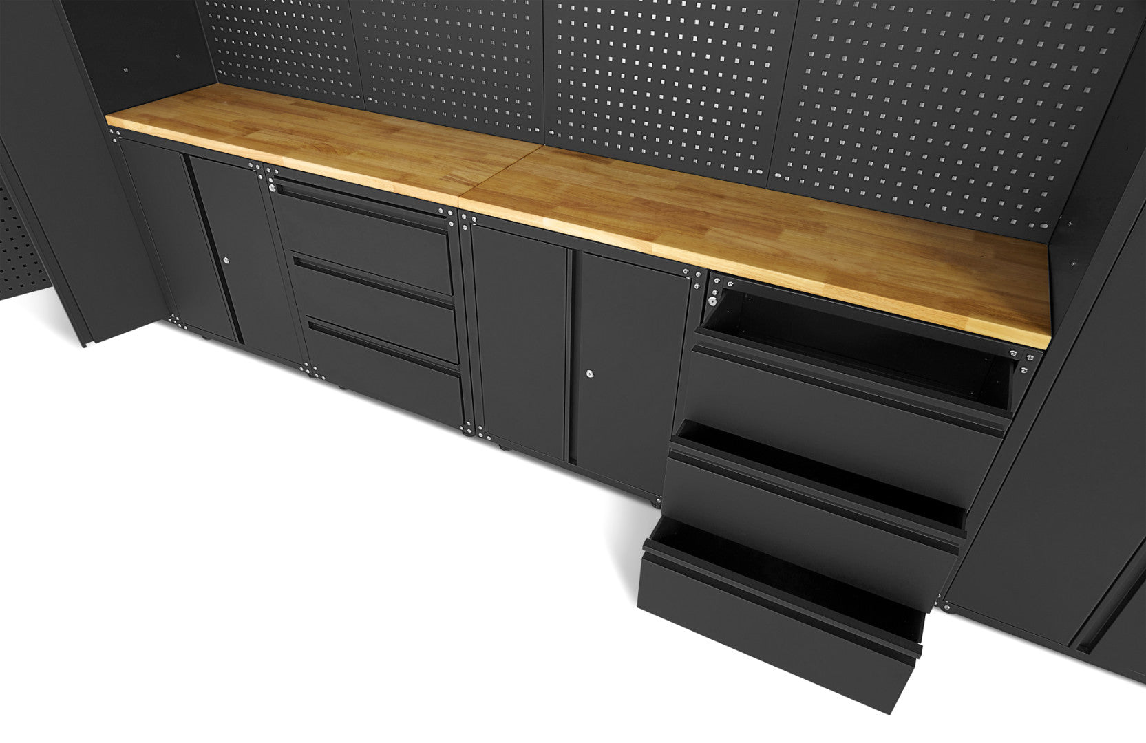 Modulárny kovový nábytok do dielne, prémiová zostava s pracovným stolom 236,5 x 402 x 48,2cm, matná čierna, 16 dielov HBM Machines