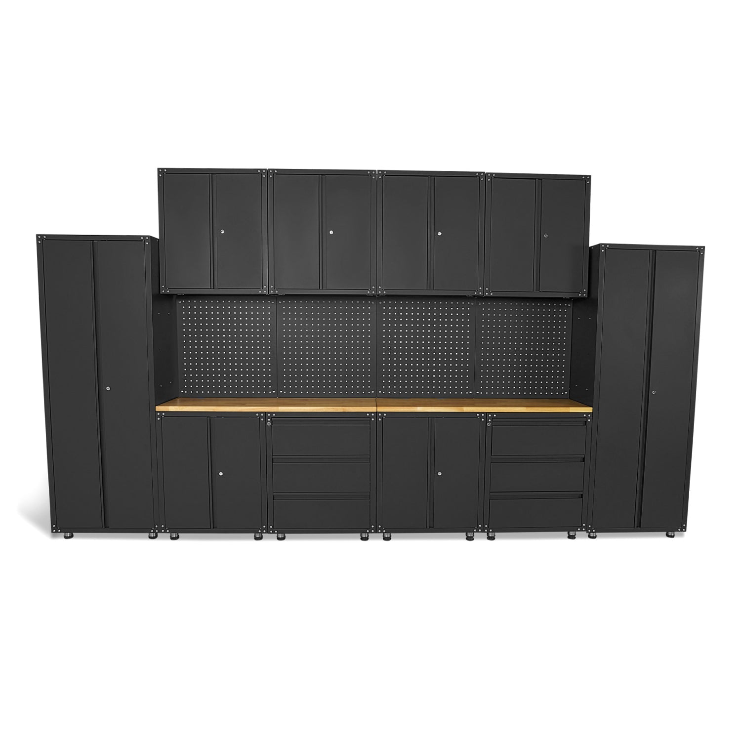 Modulárny kovový nábytok do dielne, prémiová zostava s pracovným stolom 236,5 x 402 x 48,2cm, matná čierna, 16 dielov HBM Machines