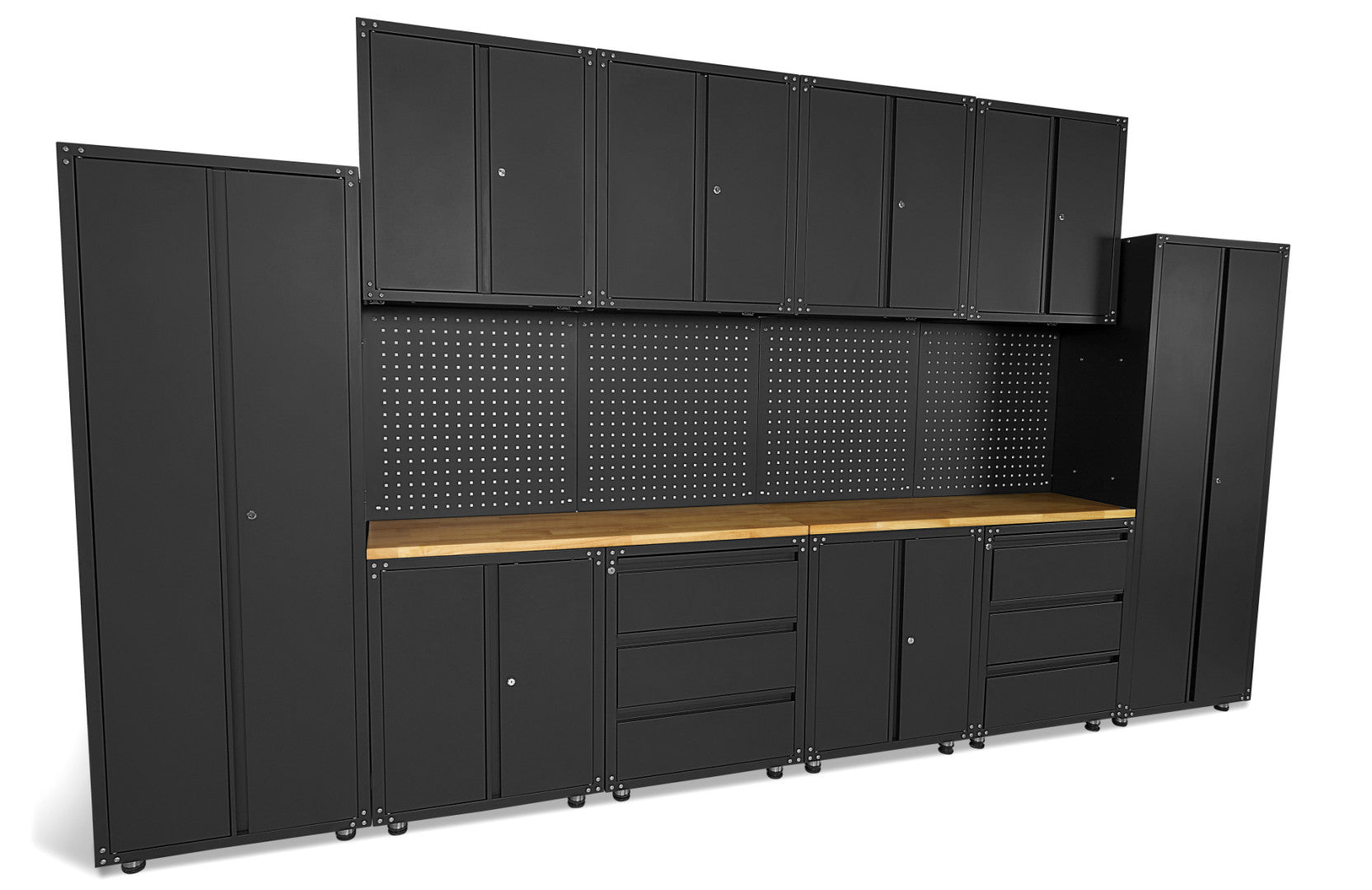 Modulárny kovový nábytok do dielne, prémiová zostava s pracovným stolom 236,5 x 402 x 48,2cm, matná čierna, 16 dielov HBM Machines