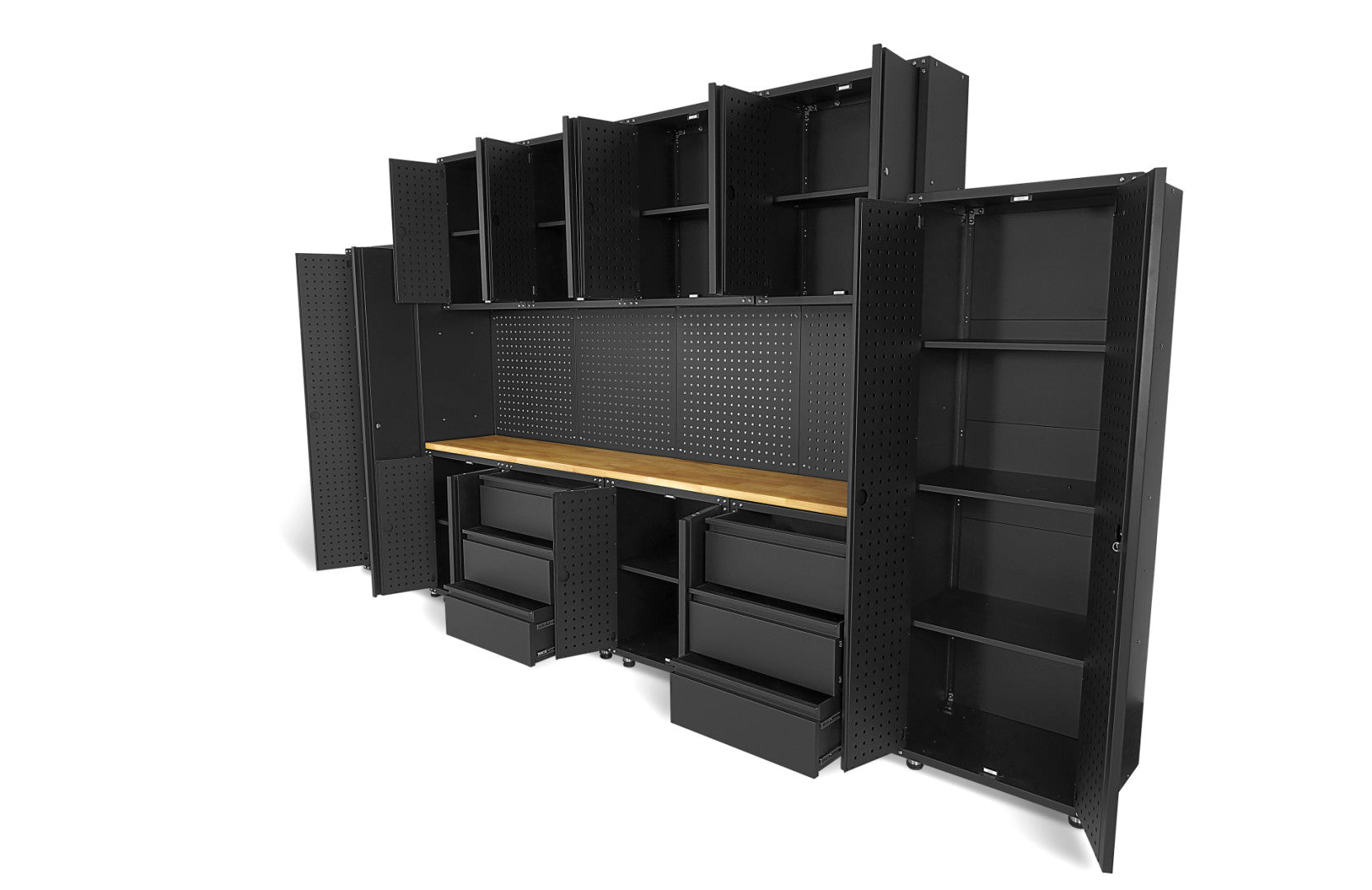 Modulárny kovový nábytok do dielne, prémiová zostava s pracovným stolom 236,5 x 402 x 48,2cm, matná čierna, 16 dielov HBM Machines