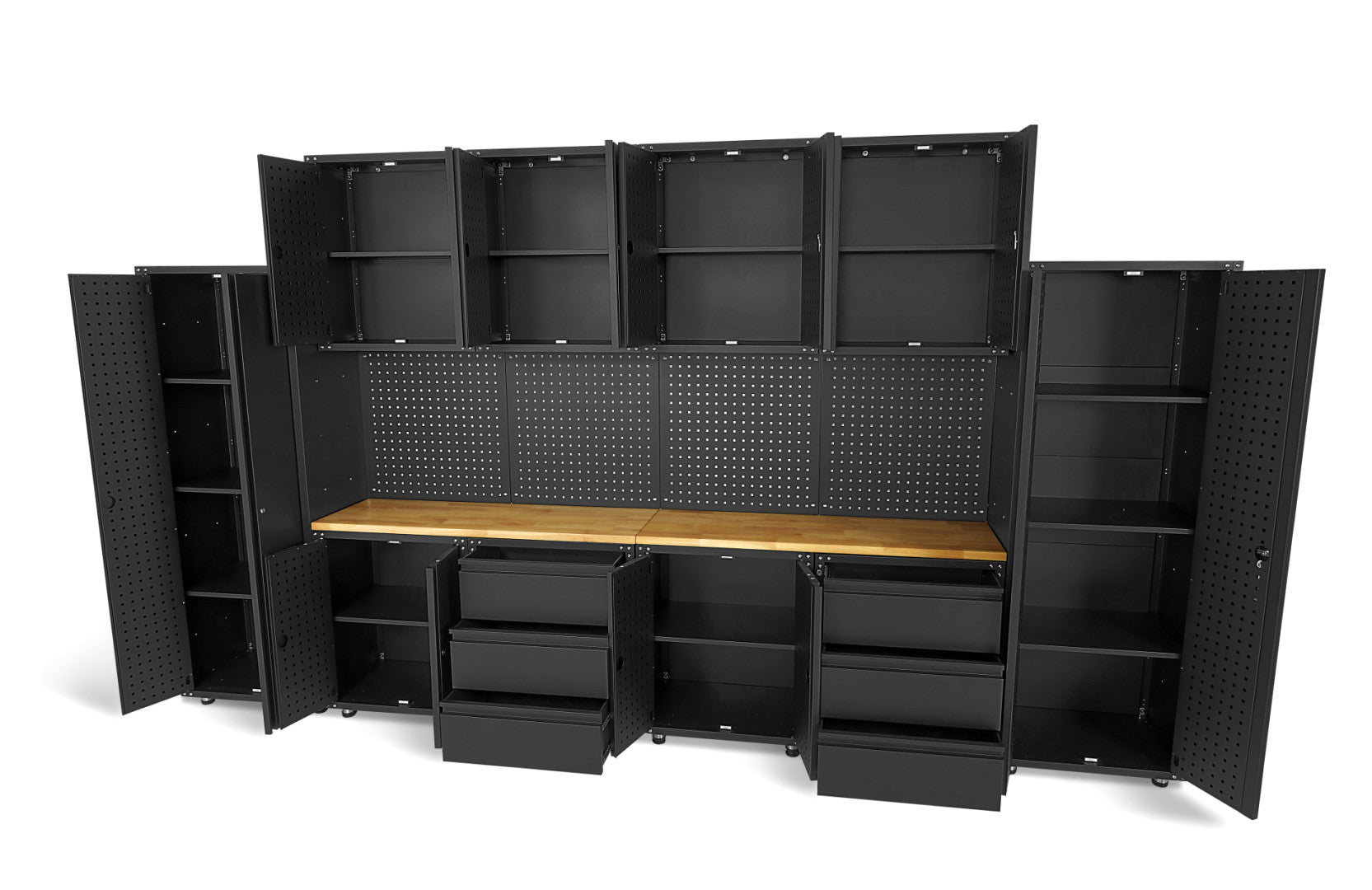 Modulárny kovový nábytok do dielne, prémiová zostava s pracovným stolom 236,5 x 402 x 48,2cm, matná čierna, 16 dielov HBM Machines