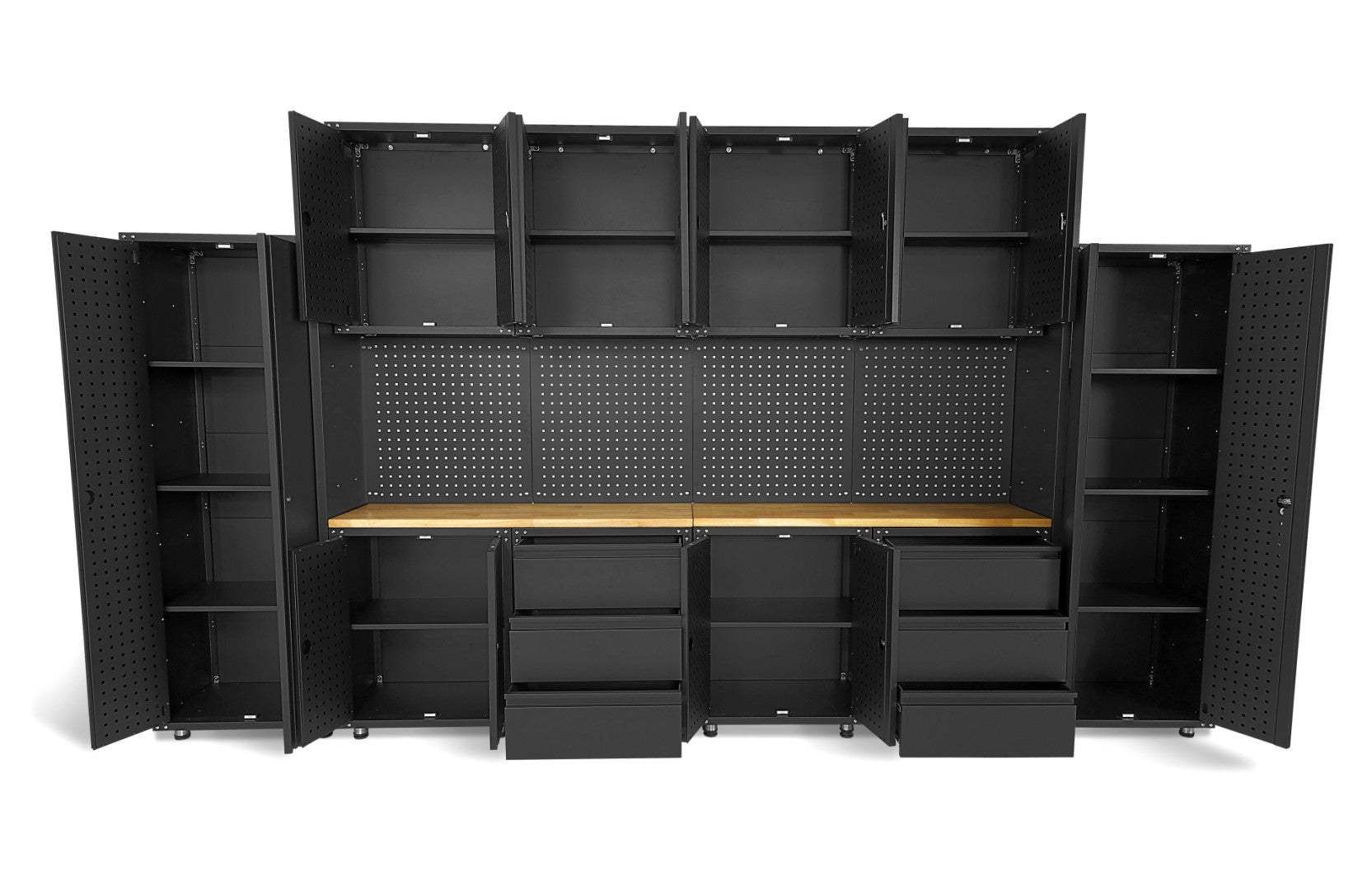 Modulárny kovový nábytok do dielne, prémiová zostava s pracovným stolom 236,5 x 402 x 48,2cm, matná čierna, 16 dielov HBM Machines