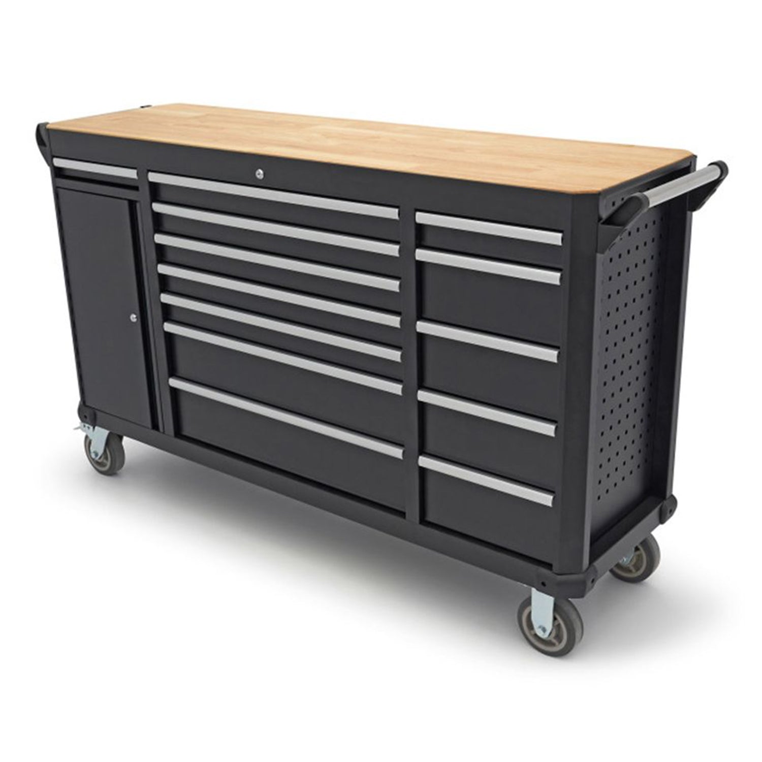 Pojazdný pracovný stôl s 13 zásuvkami a drevenou pracovnou doskou, 168cm HBM