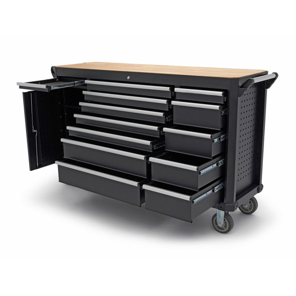Pojazdný pracovný stôl s 13 zásuvkami a drevenou pracovnou doskou, 168cm HBM