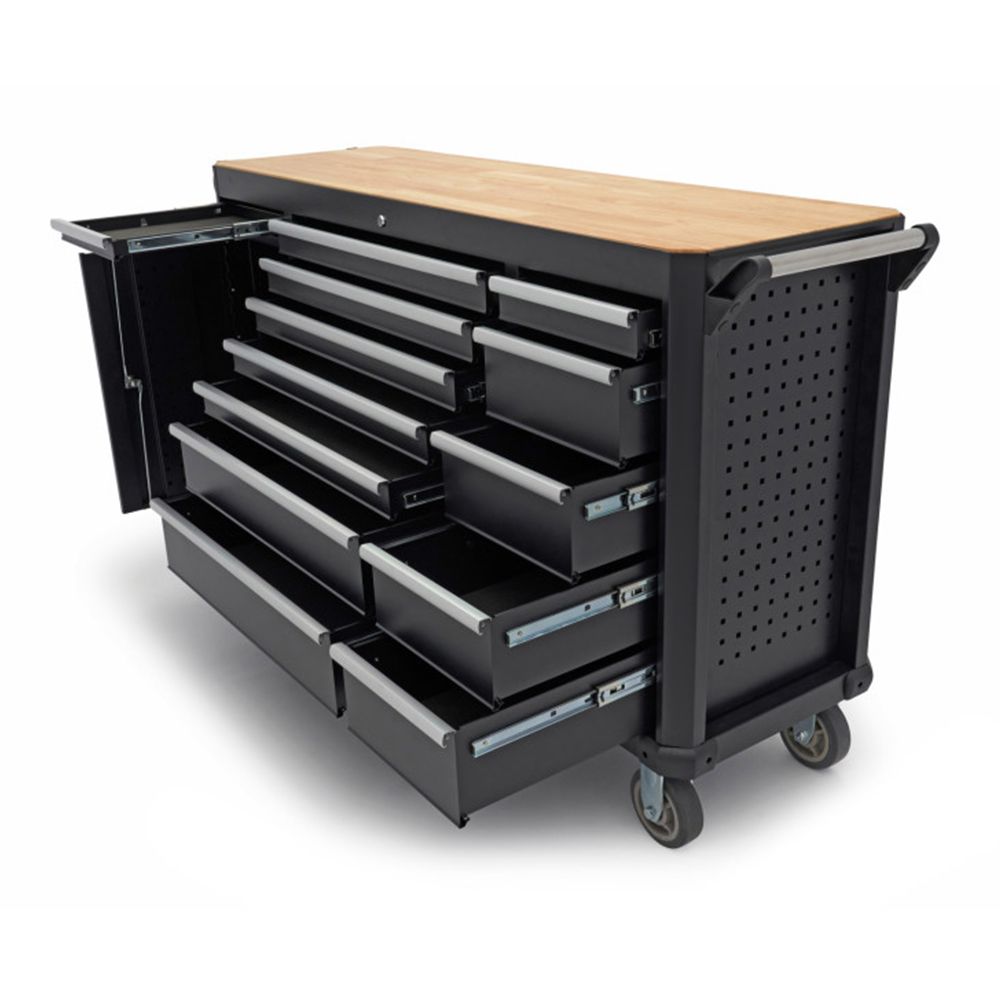 Pojazdný pracovný stôl s 13 zásuvkami a drevenou pracovnou doskou, 168cm HBM