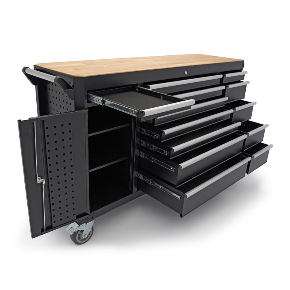 Pojazdný pracovný stôl s 13 zásuvkami a drevenou pracovnou doskou, 168cm HBM