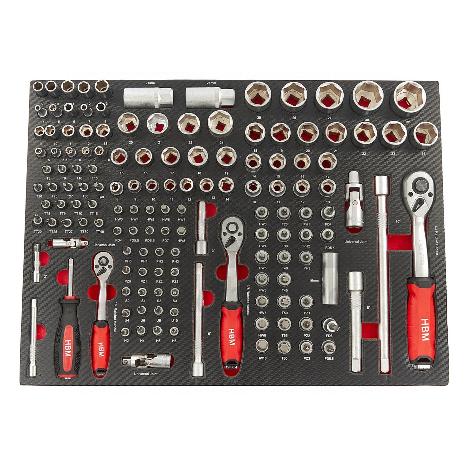 Penová vložka s račňami a nadstavcami 145ks HBM Machines