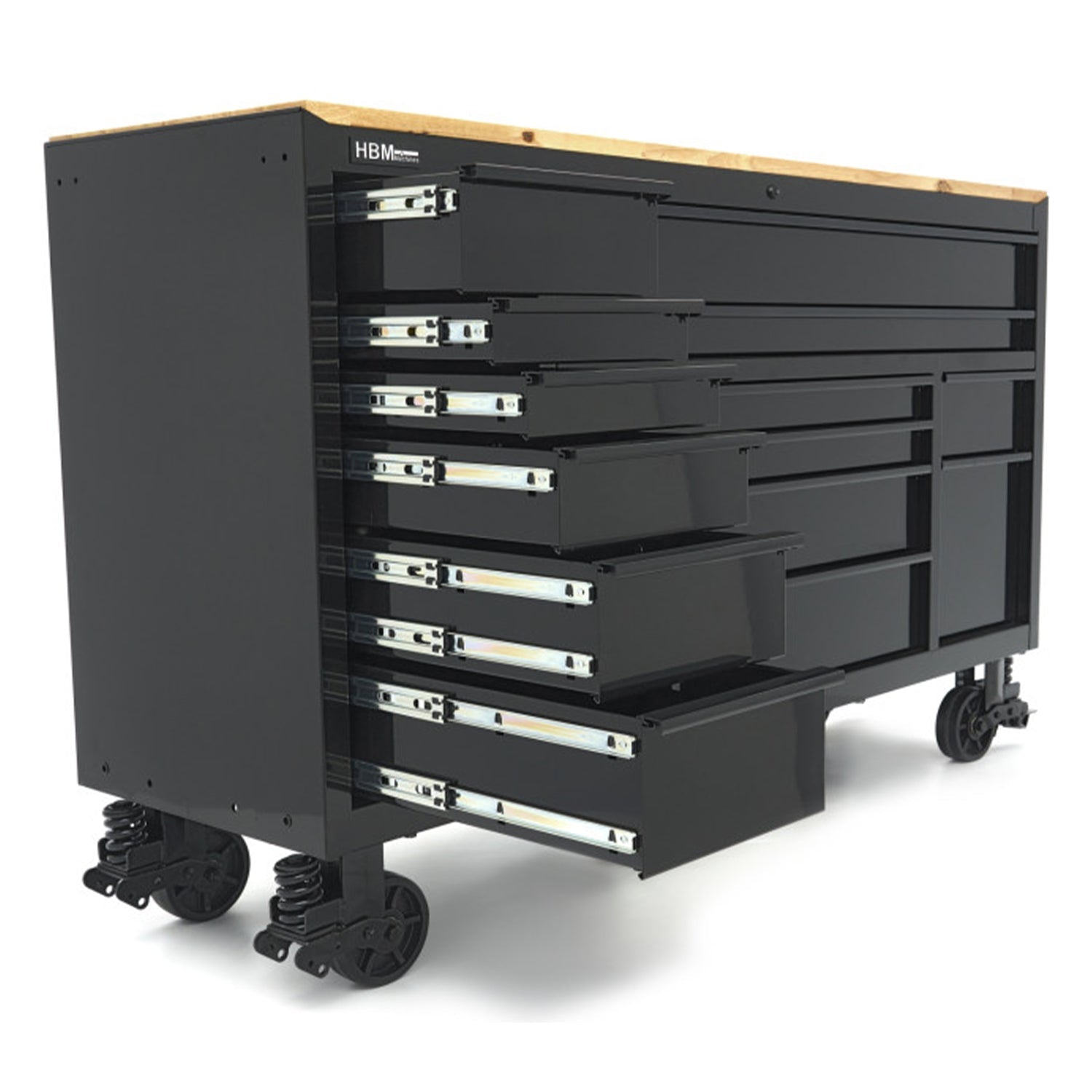 Mobilný pracovný stôl s drevenou doskou, s náraďovou skrinkou, 14 zásuviek, profesionálny, 182cm HBM