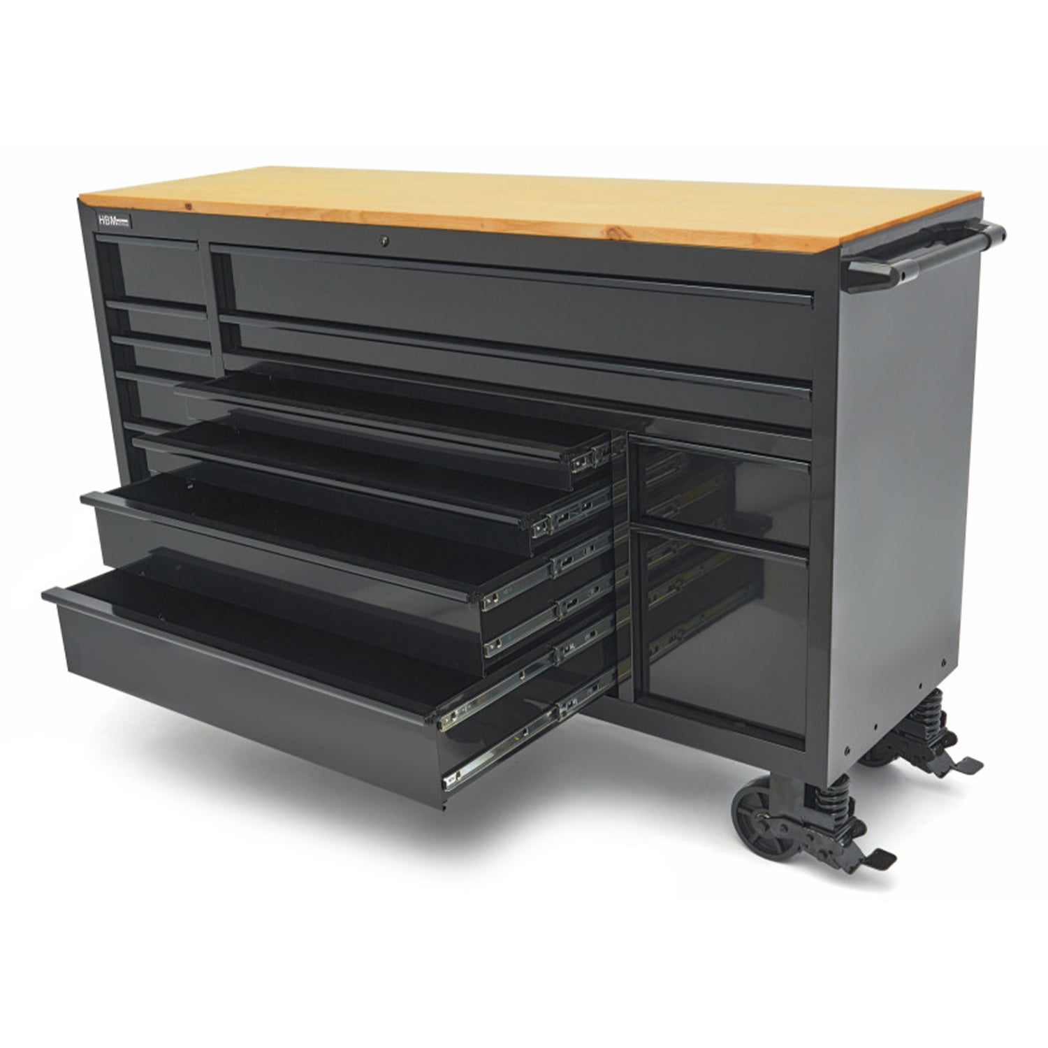 Mobilný pracovný stôl s drevenou doskou, s náraďovou skrinkou, 14 zásuviek, profesionálny, 182cm HBM
