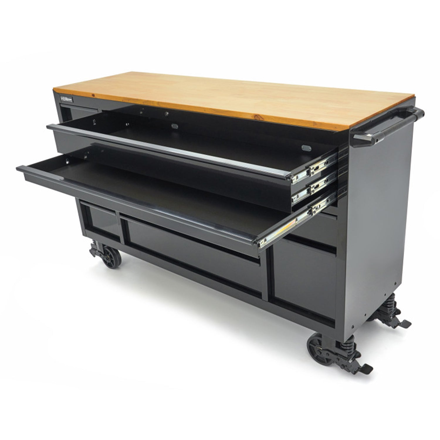 Mobilný pracovný stôl s drevenou doskou, s náraďovou skrinkou, 14 zásuviek, profesionálny, 182cm HBM