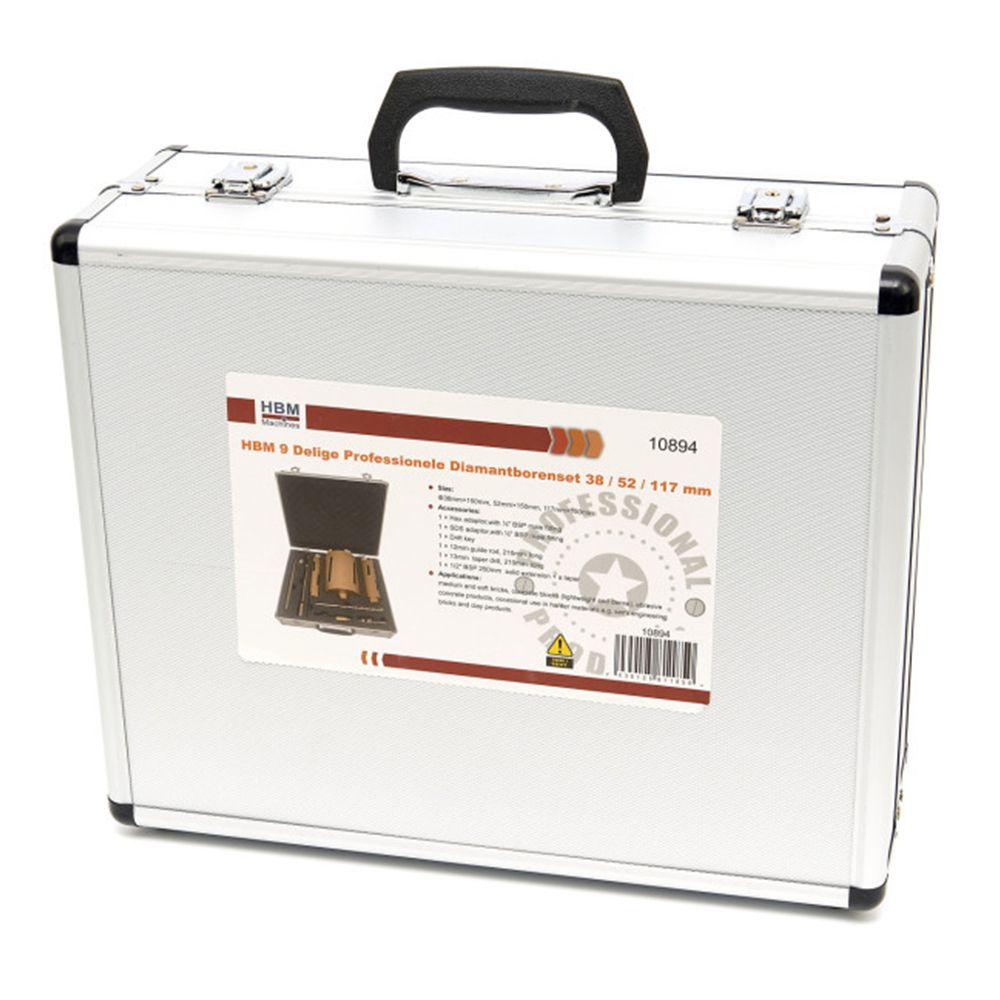 Sada diamantových vykružovacích korunkových vrtákov, 9ks, 38, 52, 117mm HBM