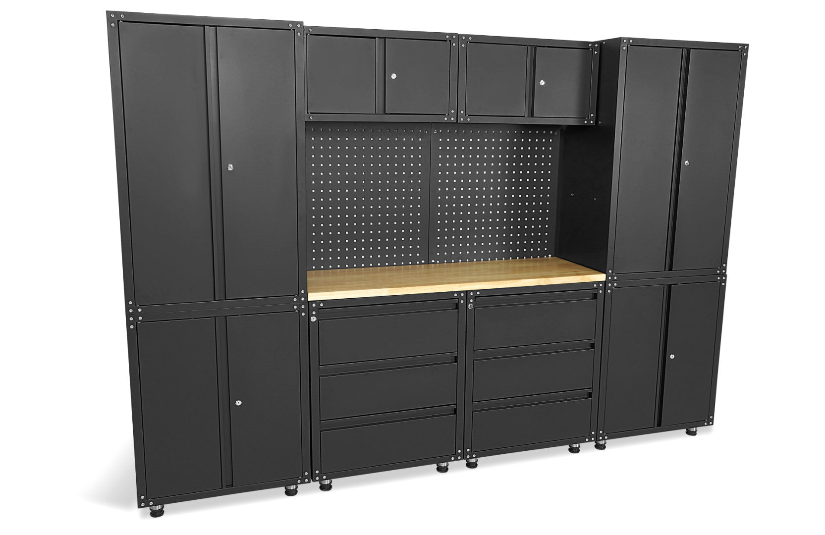 Premium zostava dielenského nábytku, kovová, 11 dielov, matná čierna, 187,5 x 268,5 x 48,2cm, HBM Machines