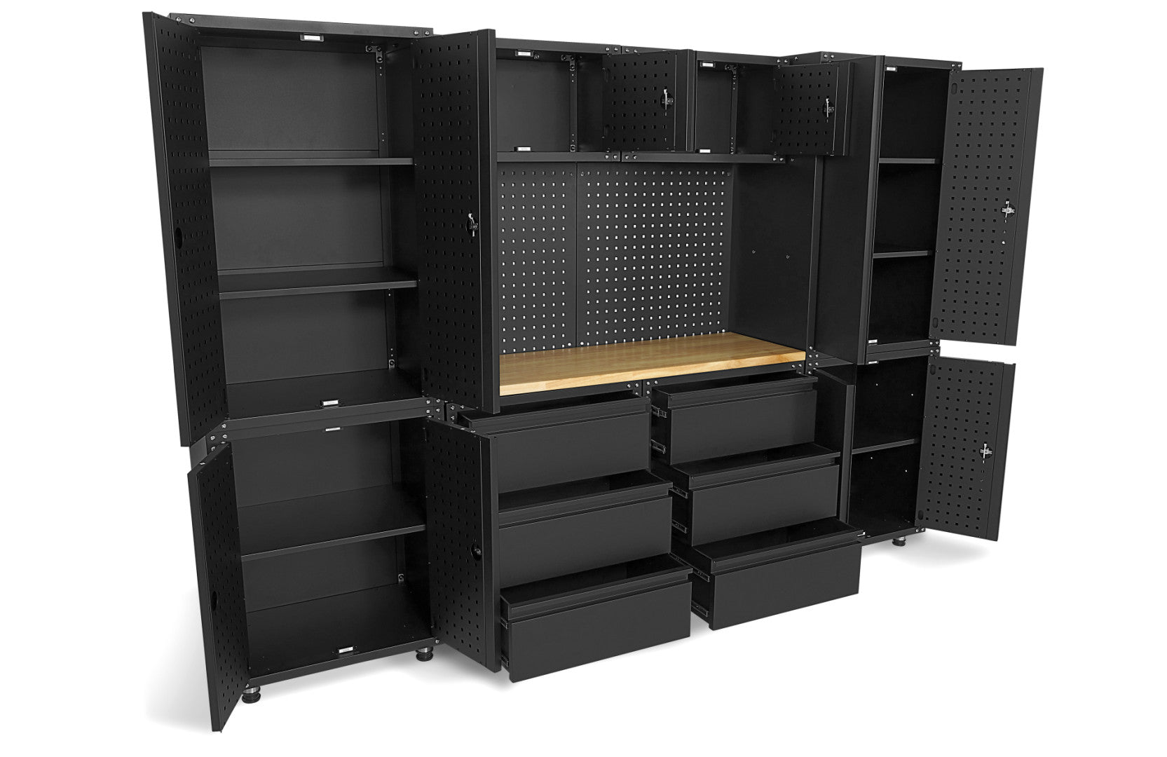 Premium zostava dielenského nábytku, kovová, 11 dielov, matná čierna, 187,5 x 268,5 x 48,2cm, HBM Machines