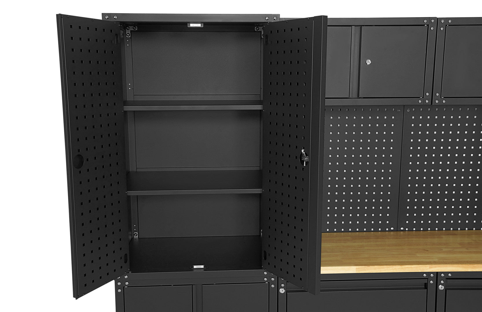 Premium zostava dielenského nábytku, kovová, 11 dielov, matná čierna, 187,5 x 268,5 x 48,2cm, HBM Machines