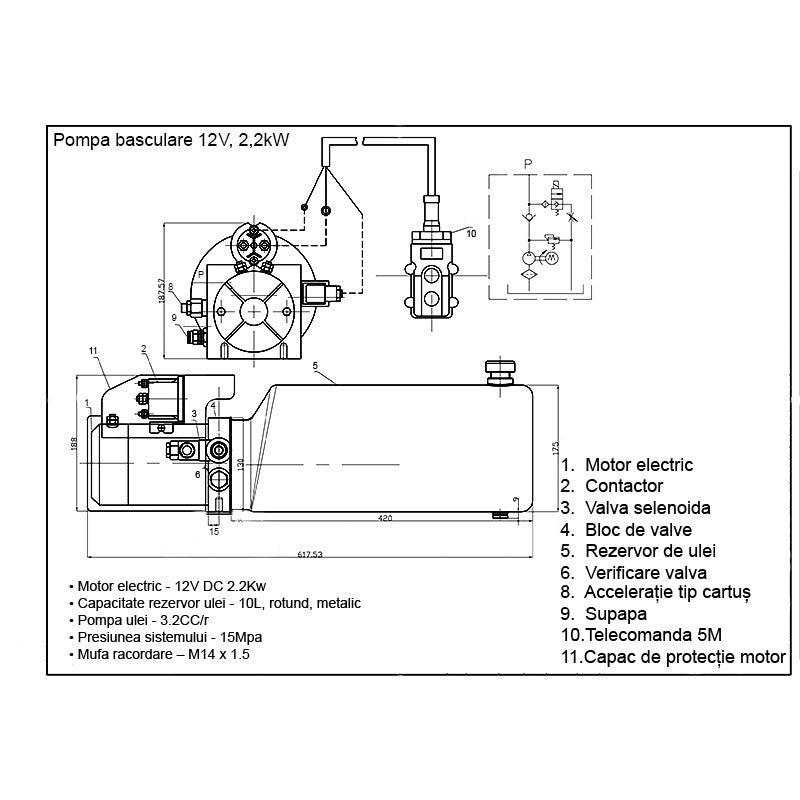 Hydraulické vyklápacie čerpadlo 12V, 2,2kW, 150bar, s kovovou nádržou 10l a diaľkovým ovládaním