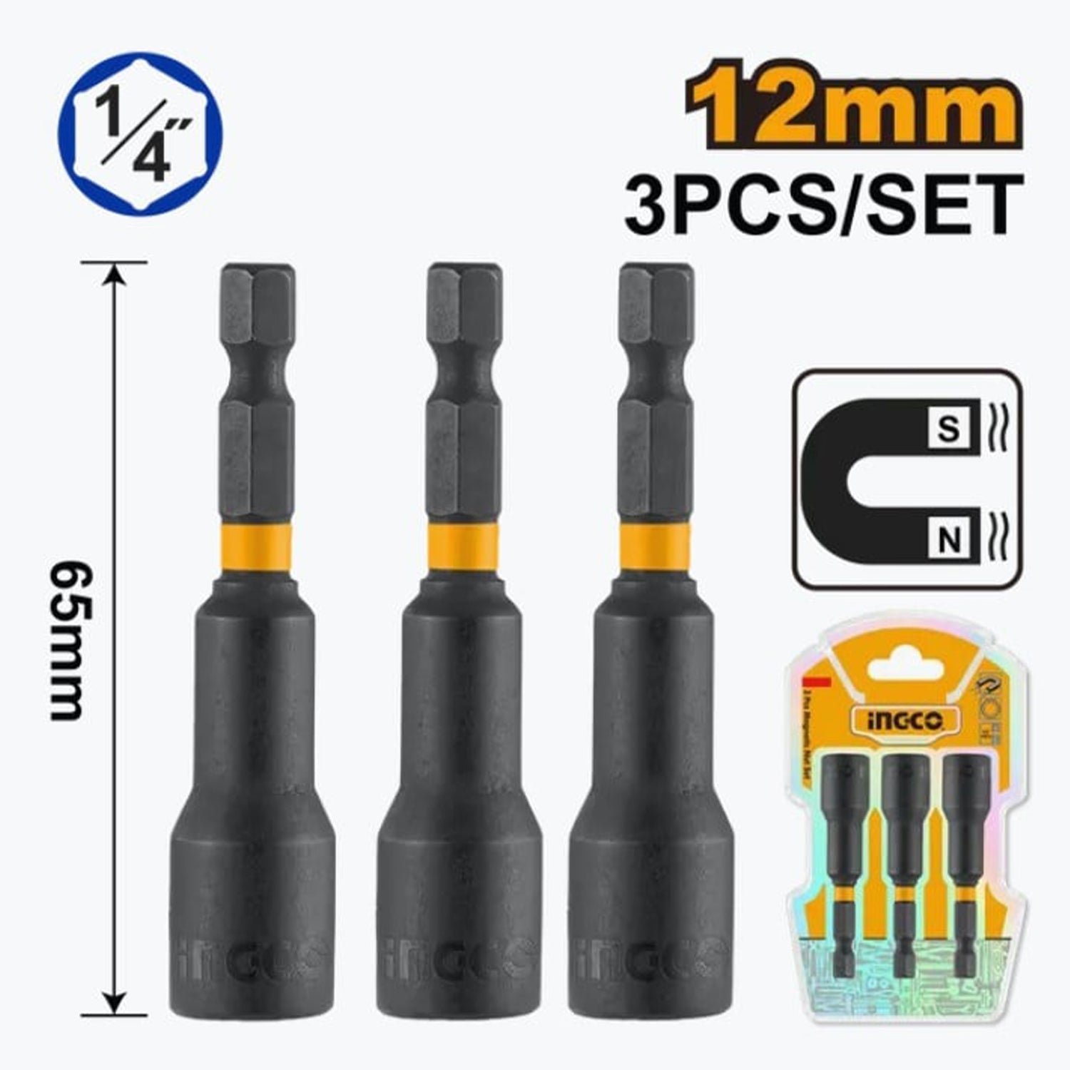 Magnetická rázová hlavica 12mm so 6-hrannou stopkou, 1/4'' pre skľučovadlo