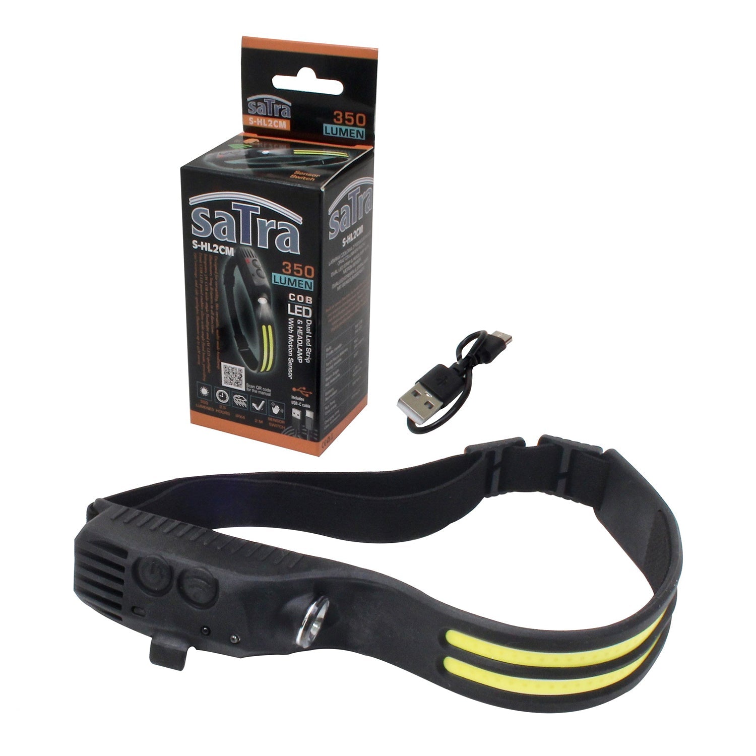 LED COB čelová lampa - čelovka, 3 - 5W, 350lm, s pohybovým senzorom Satra