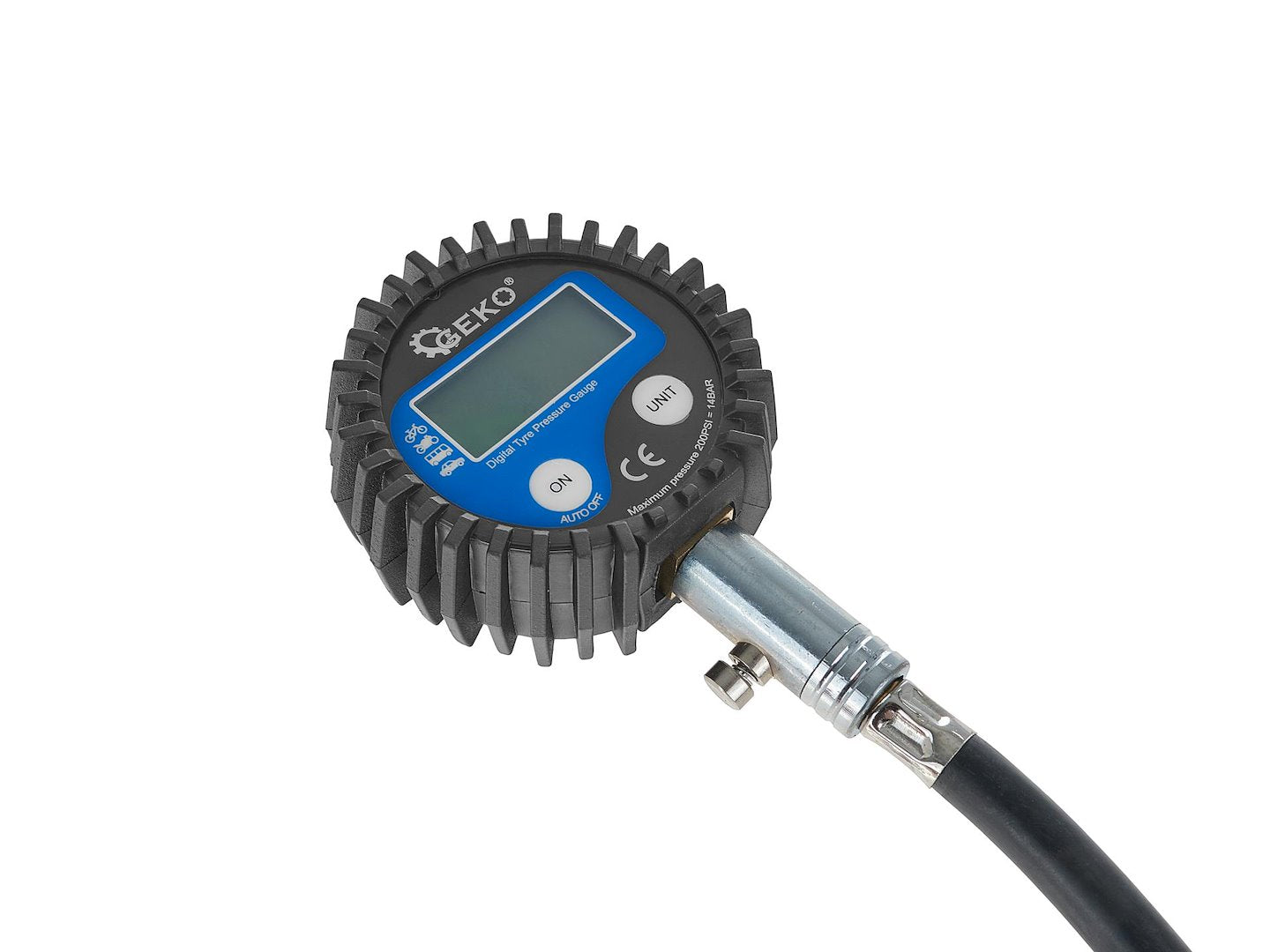 Manometer s digitálnym displejom, s hadicou na kontrolu tlaku pneumatík Geko