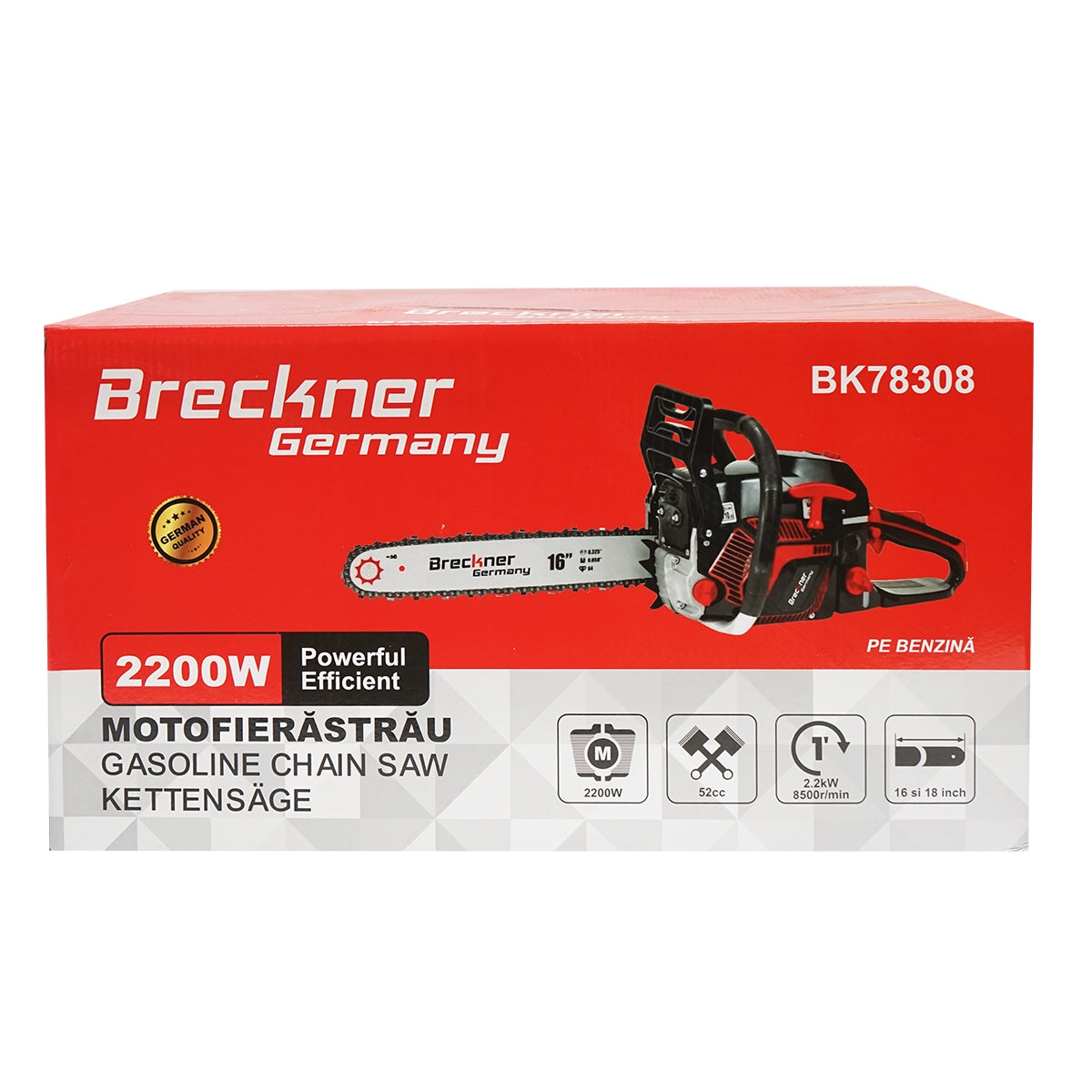 Motorová reťazová píla, benzínová, 2,2kW, 8500rpm, 52cm3, s lištou 16/18'' Breckner Germany