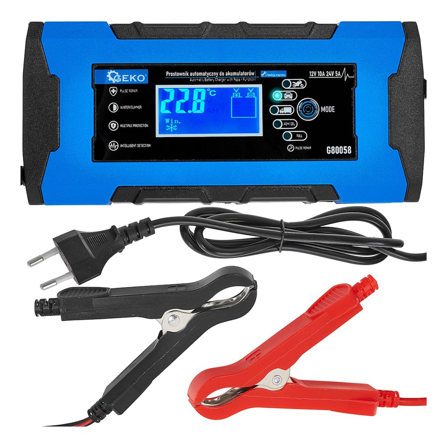 Nabíjačka auto a moto batérií s digitálnym LCD dispejom 12/24V, 10A, s režimom opravy Geko